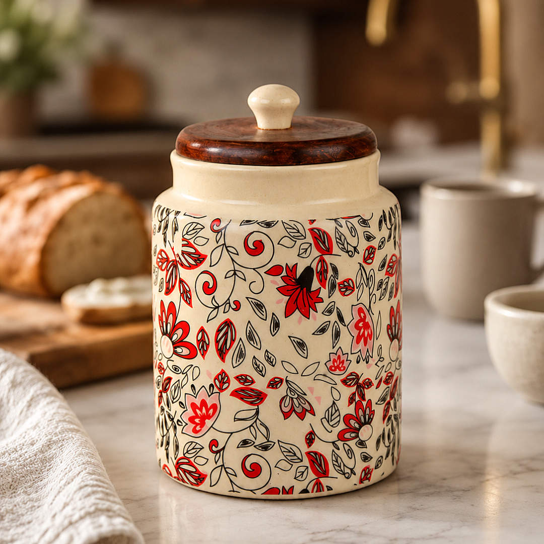 “Heritage Botanica Collection” Multi Utility Ceramic Airtight Jar with Sheesham Wooden Lid (1000 ml)