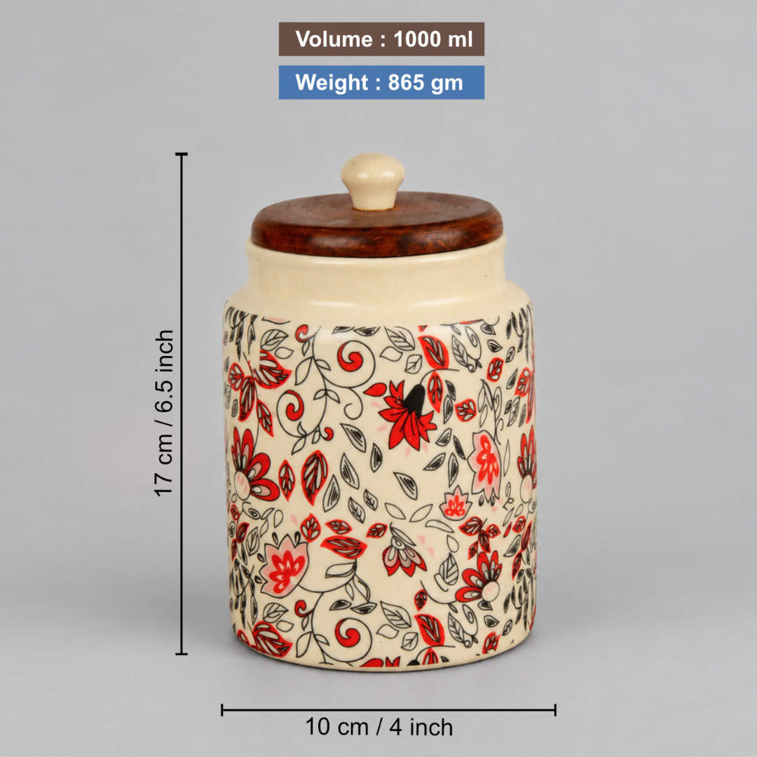 “Heritage Botanica Collection” Multi Utility Ceramic Airtight Jar with Sheesham Wooden Lid (1000 ml)
