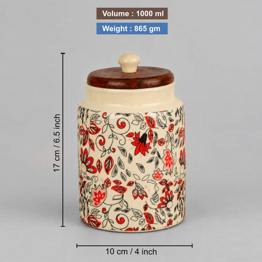 “Heritage Botanica Collection” Multi Utility Ceramic Airtight Jar with Sheesham Wooden Lid (1000 ml)