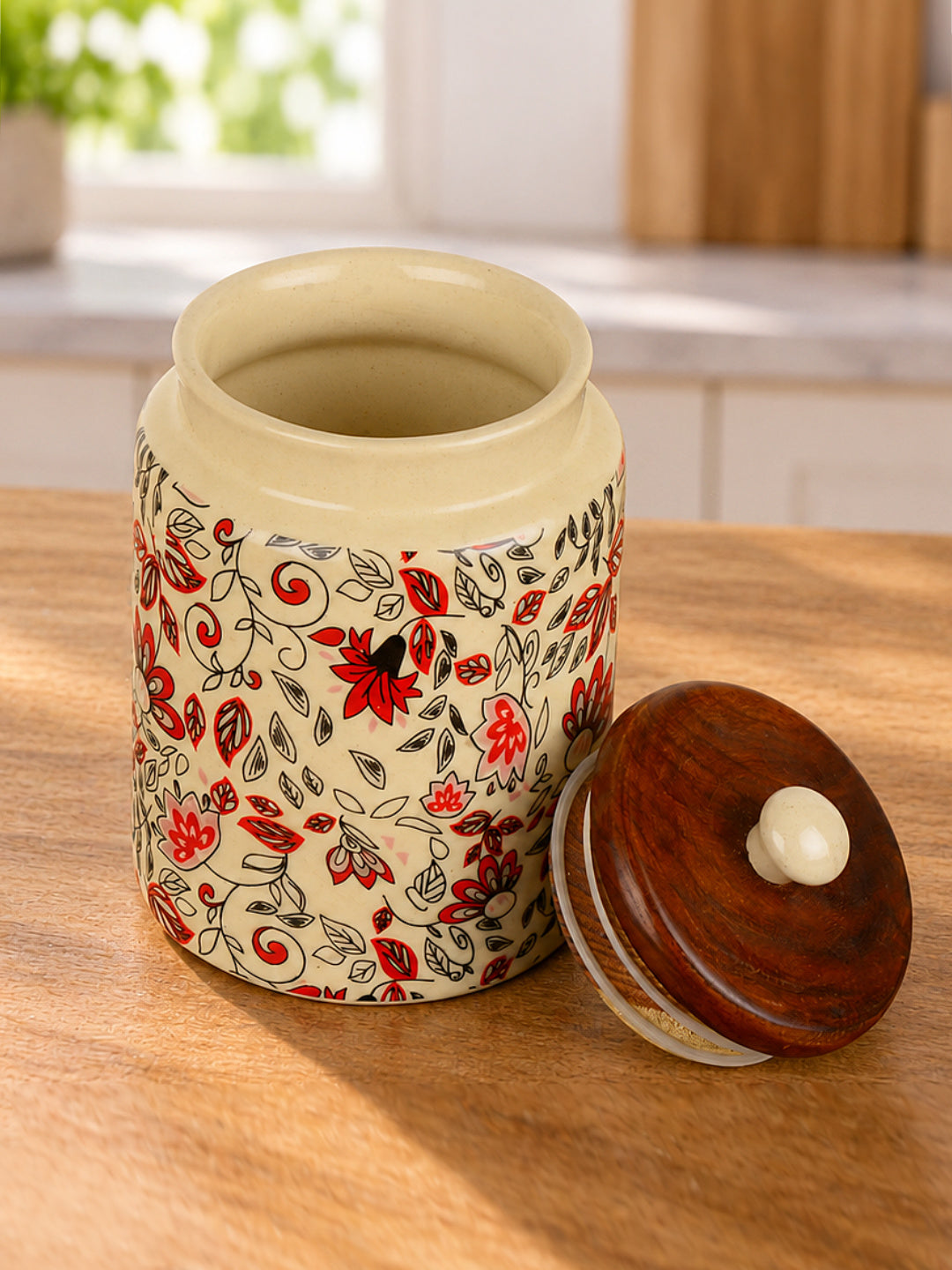 “Heritage Botanica Collection” Multi Utility Ceramic Airtight Jar with Sheesham Wooden Lid (1000 ml)