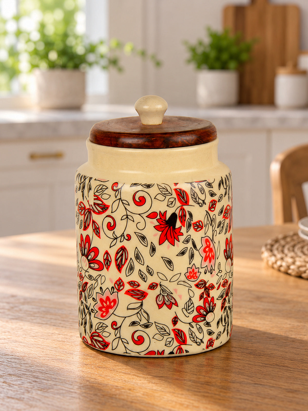 “Heritage Botanica Collection” Multi Utility Ceramic Airtight Jar with Sheesham Wooden Lid (1000 ml)