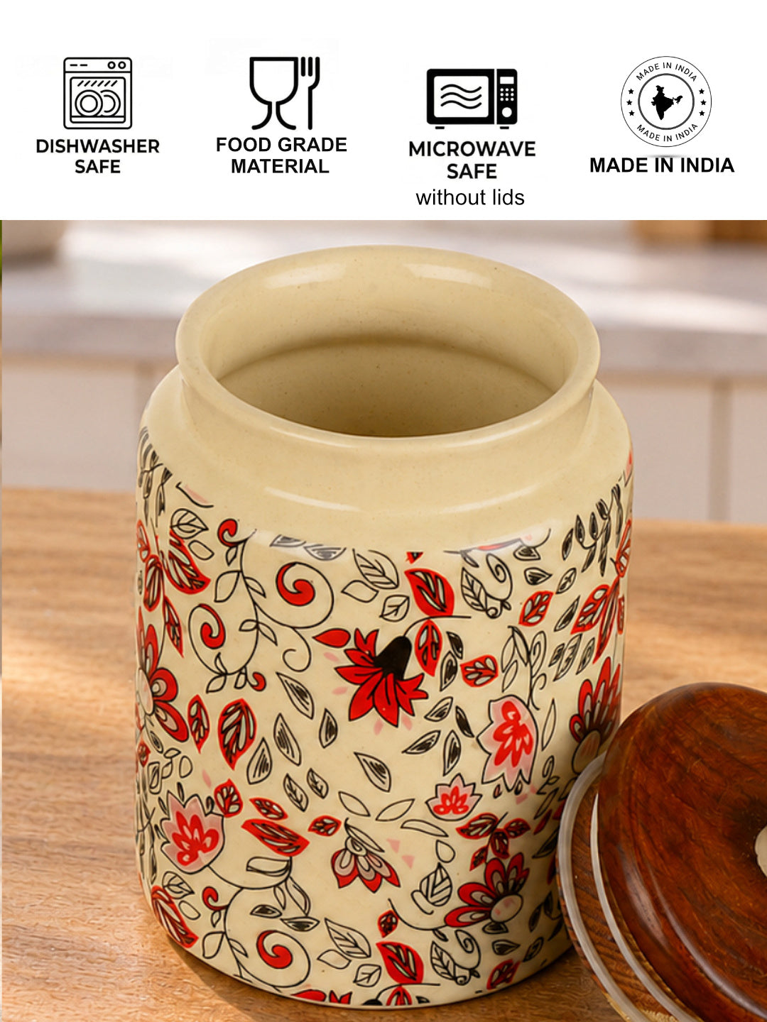 “Heritage Botanica Collection” Multi Utility Ceramic Airtight Jar with Sheesham Wooden Lid (1000 ml)