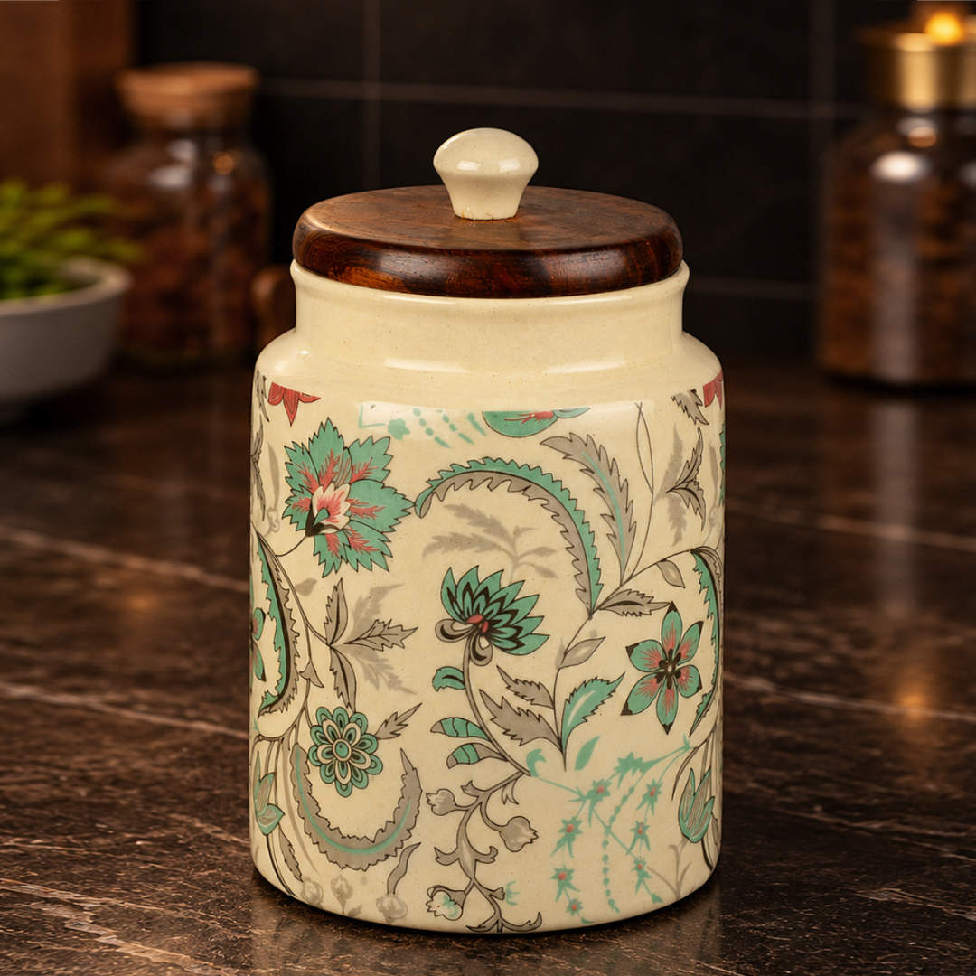 “Heritage Botanica Collection” Multi Utility Ceramic Airtight Jar with Sheesham Wooden Lid (1000 ml)