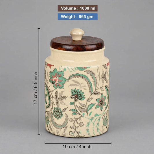 “Heritage Botanica Collection” Multi Utility Ceramic Airtight Jar with Sheesham Wooden Lid (1000 ml)