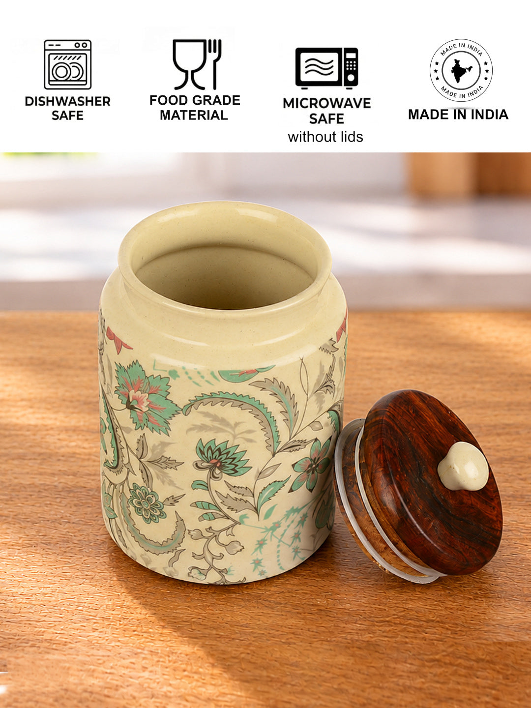 “Heritage Botanica Collection” Multi Utility Ceramic Airtight Jar with Sheesham Wooden Lid (1000 ml)