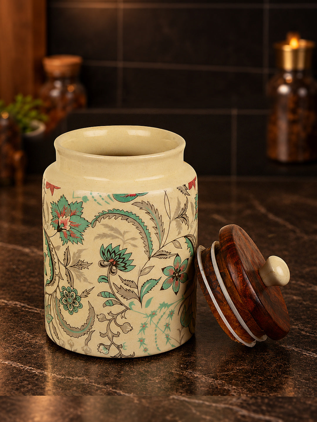 “Heritage Botanica Collection” Multi Utility Ceramic Airtight Jar with Sheesham Wooden Lid (1000 ml)