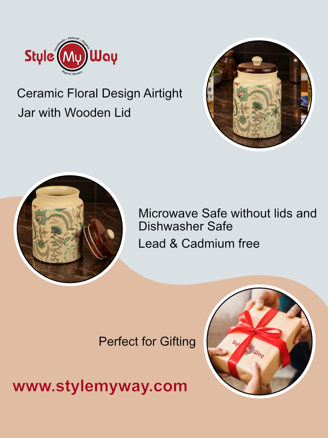 “Heritage Botanica Collection” Multi Utility Ceramic Airtight Jar with Sheesham Wooden Lid (1000 ml)