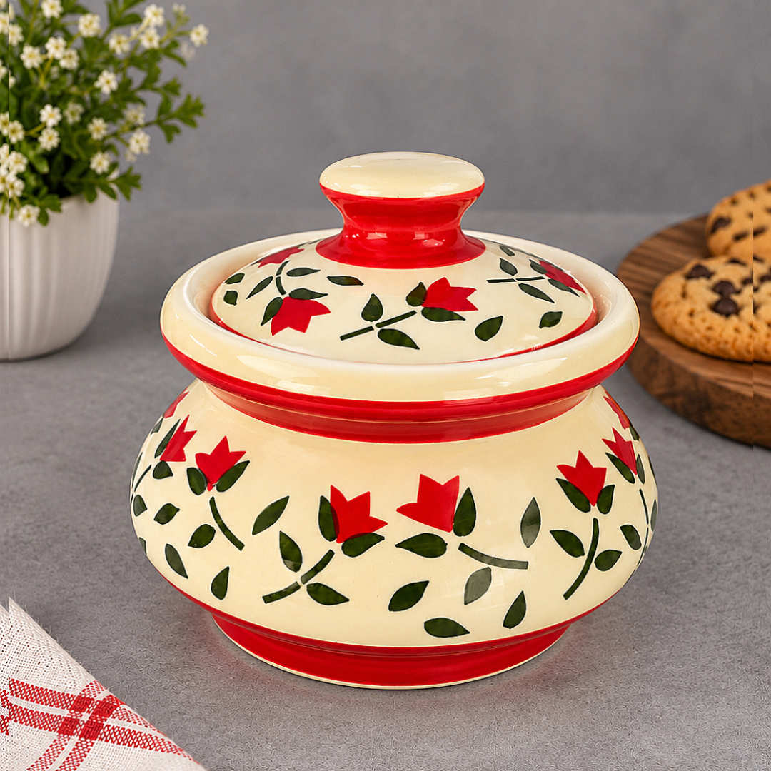 "Red Floral Motif "Ceramic Serving Handi with Lid (Set of2, 750 ml, Ivory, Red, Green)