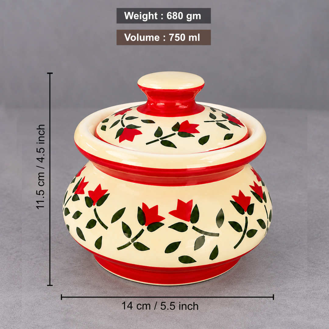 "Red Floral Motif "Ceramic Serving Handi with Lid (Set of2, 750 ml, Ivory, Red, Green)