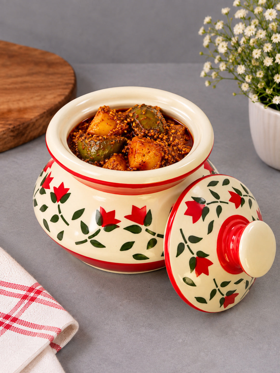 "Red Floral Motif "Ceramic Serving Handi with Lid (Set of2, 750 ml, Ivory, Red, Green)