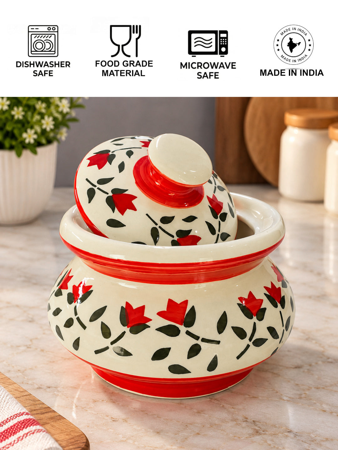"Red Floral Motif "Ceramic Serving Handi with Lid (Set of2, 750 ml, Ivory, Red, Green)