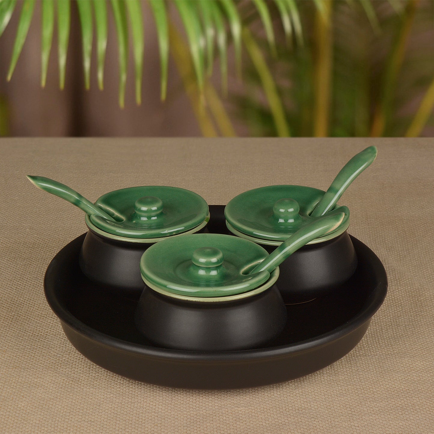 Black Matt Chutney Bowl Set with Base Tray-Set of 3