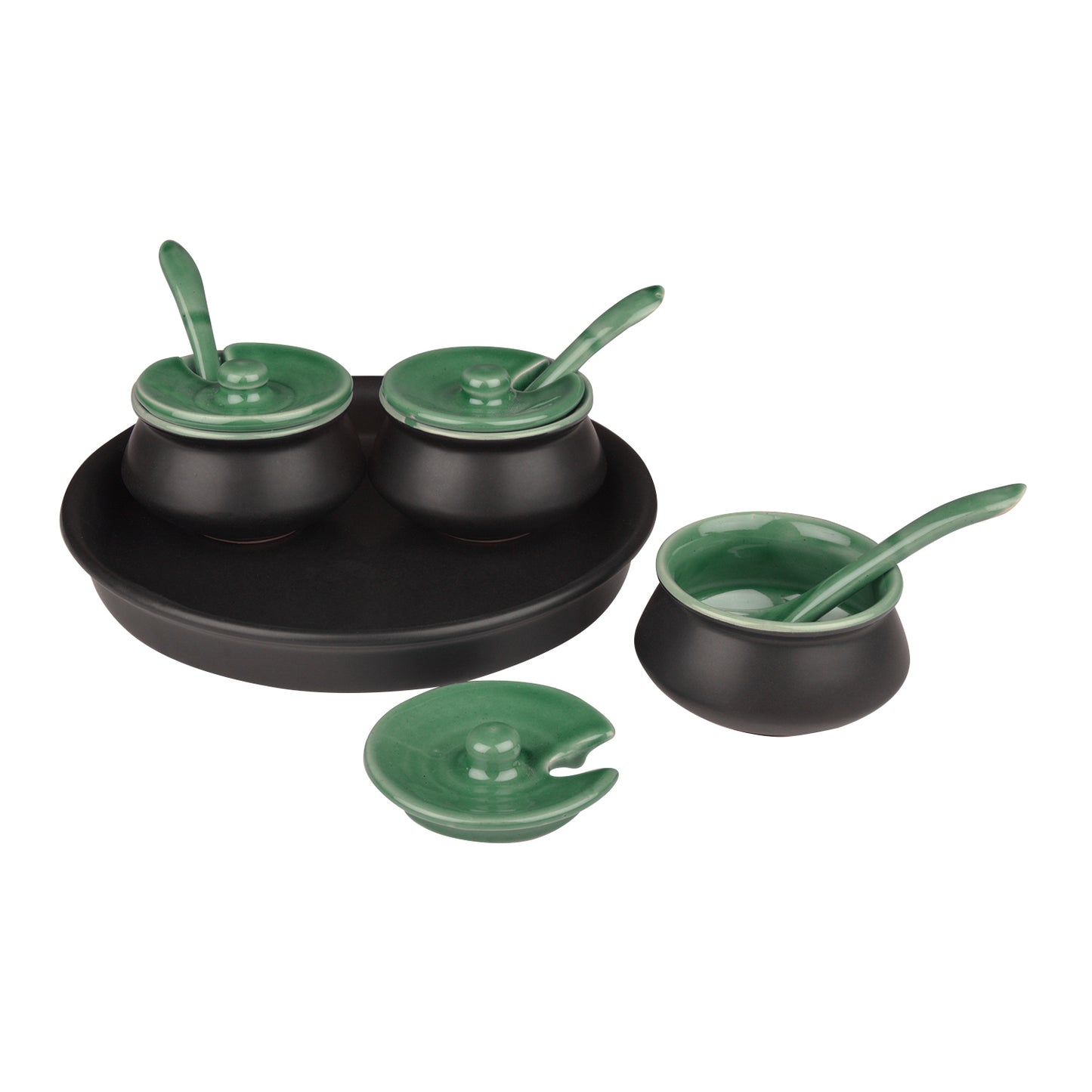 Black Matt Chutney Bowl Set with Base Tray-Set of 3 - View 4