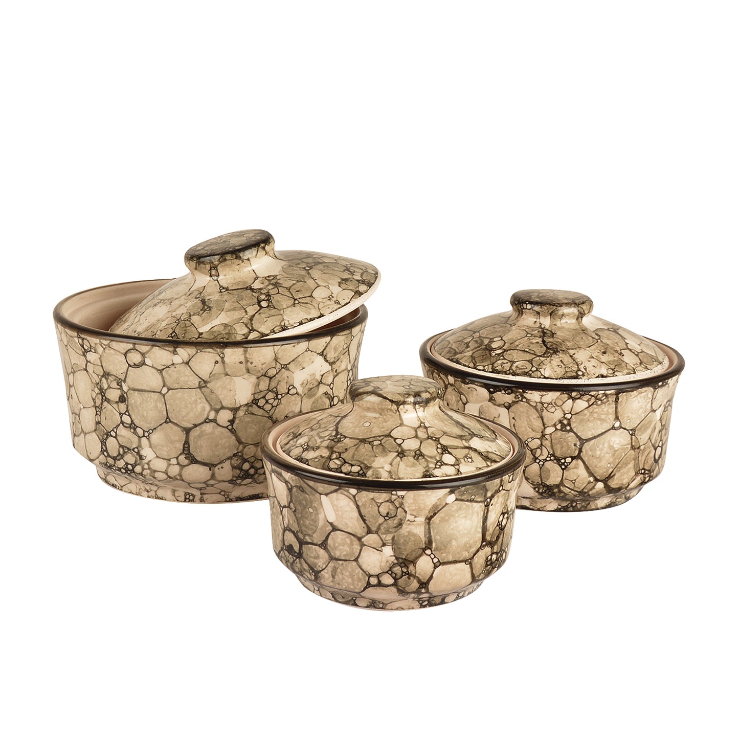 Studio Pottery Handpainted Ceramic Serving Donga with Lid Casserole Set (Set of 3, Grey Lustre) - View 3