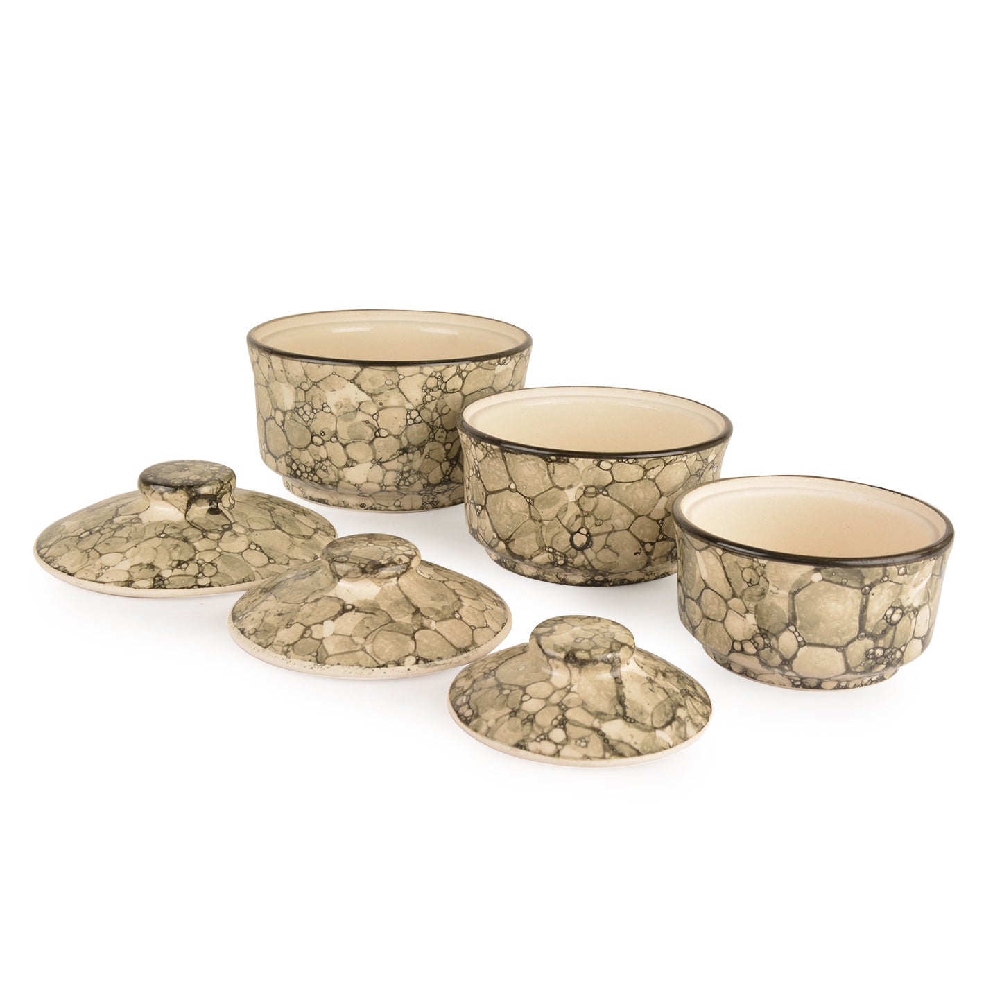 Studio Pottery Handpainted Ceramic Serving Donga with Lid Casserole Set (Set of 3, Grey Lustre) - View 6