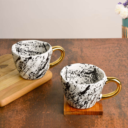 Premium Handmade Dalmation Ceramic Coffee Mugs with Golden Handle (200 ml, White & Black, Set of 2)