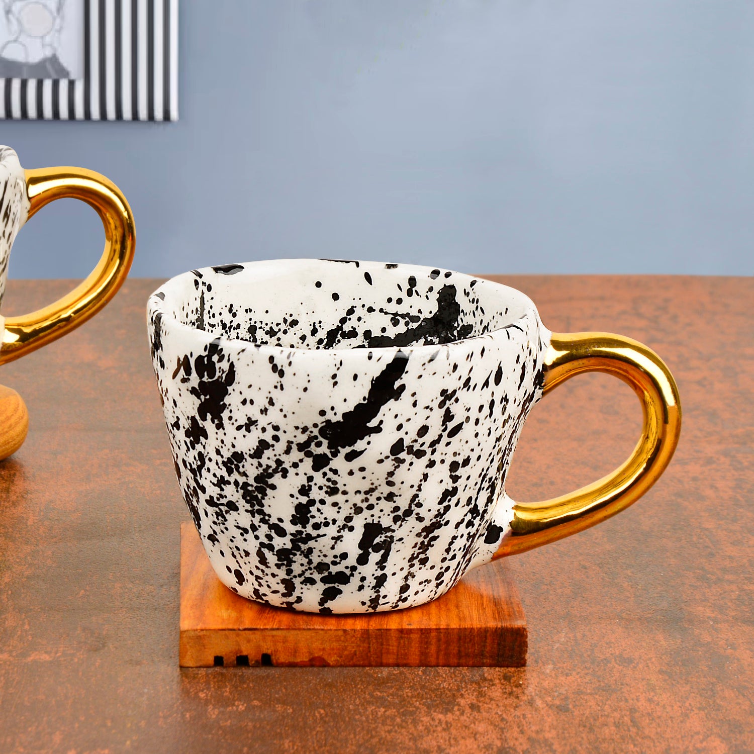 Premium Handmade Dalmation Ceramic Coffee Mugs with Golden Handle (200 ml, White & Black, Set of 2) - View 3