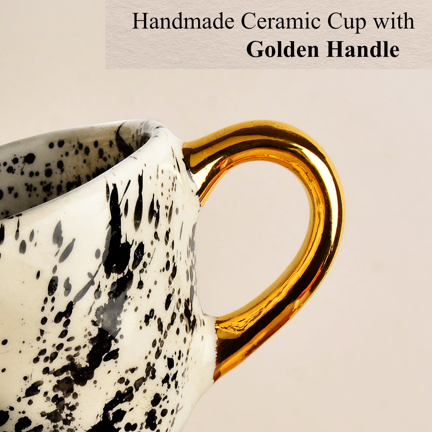 Premium Handmade Dalmation Ceramic Coffee Mugs with Golden Handle (200 ml, White & Black, Set of 2) - View 4