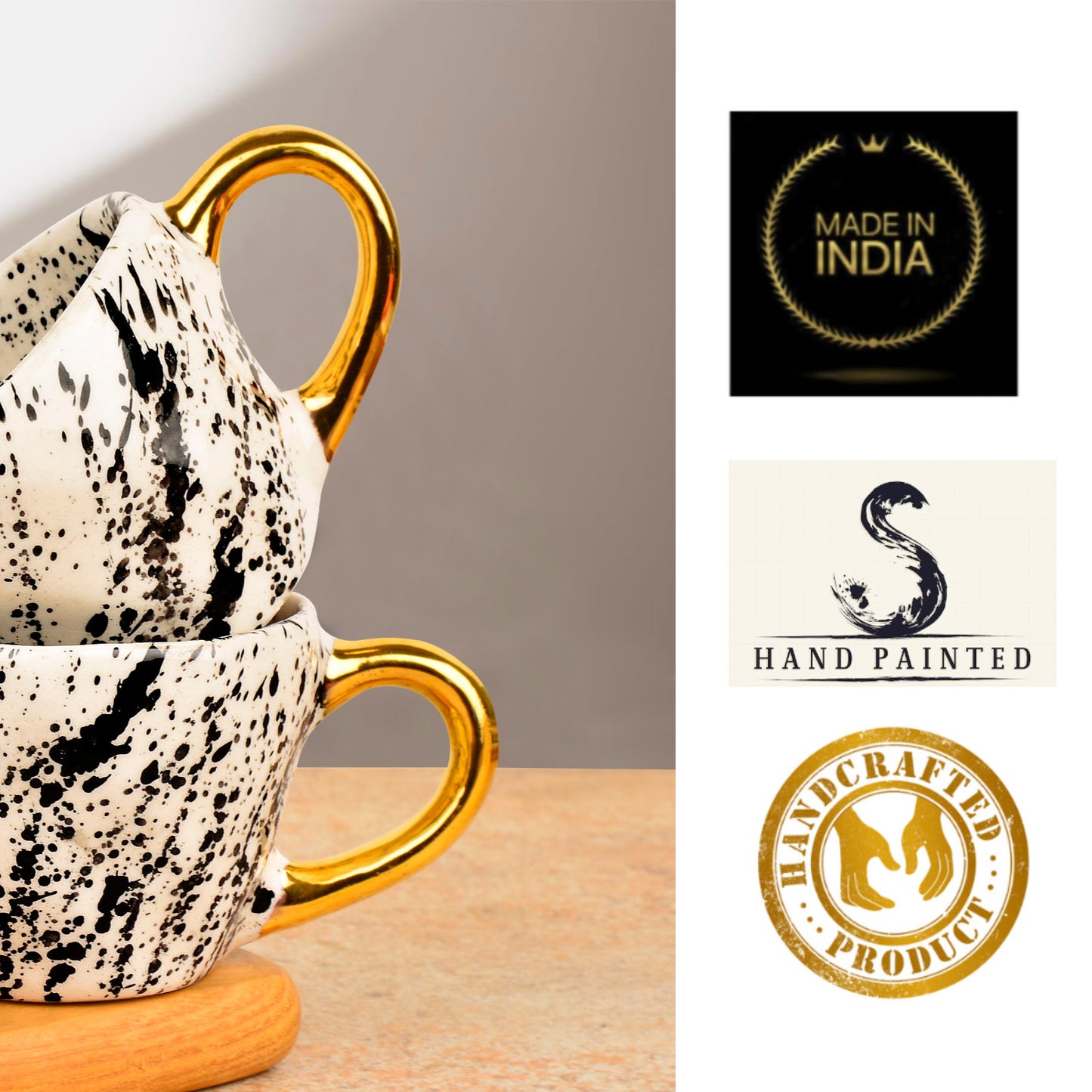 Premium Handmade Dalmation Ceramic Coffee Mugs with Golden Handle (200 ml, White & Black, Set of 2) - View 5
