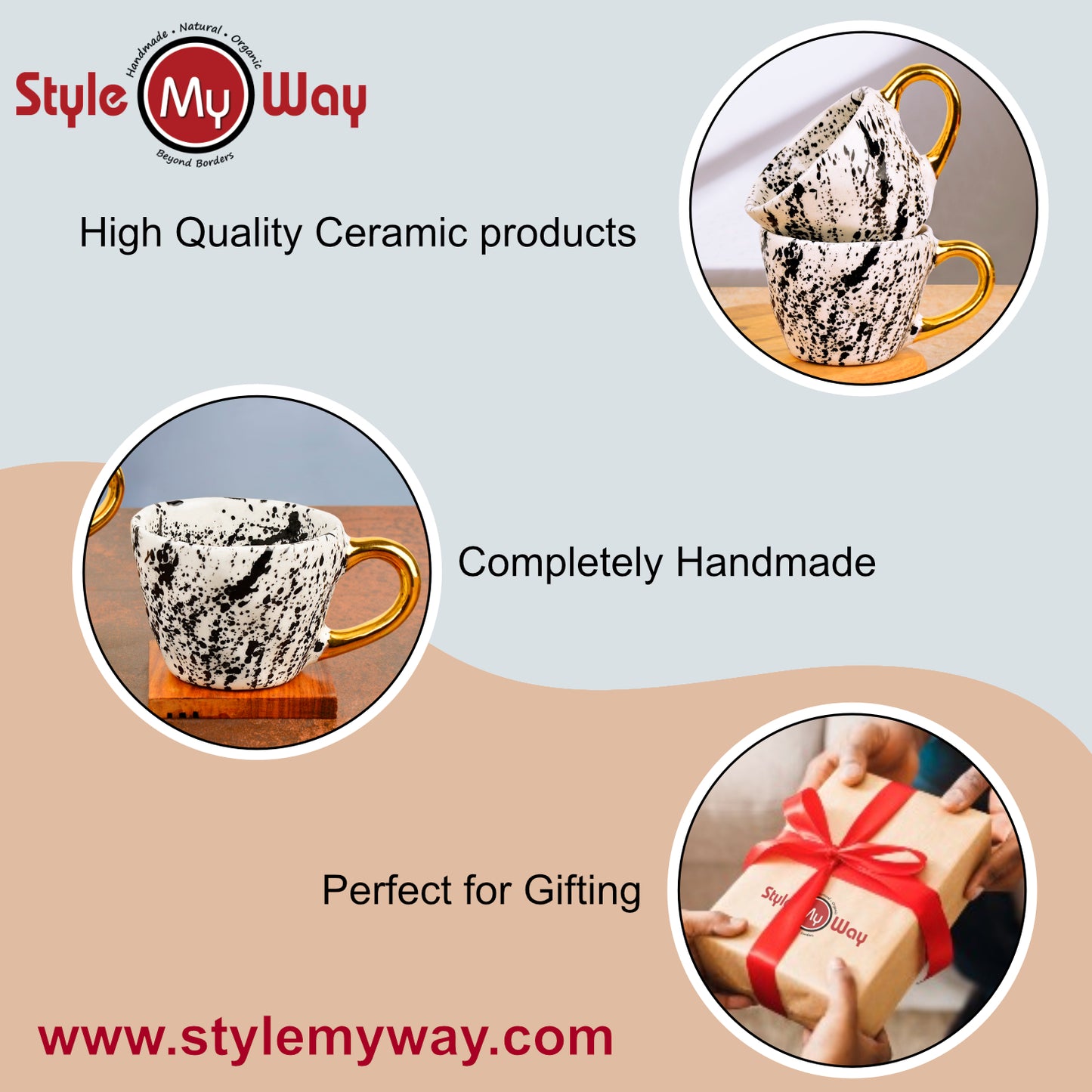 Premium Handmade Dalmation Ceramic Coffee Mugs with Golden Handle (200 ml, White & Black, Set of 2) - View 6