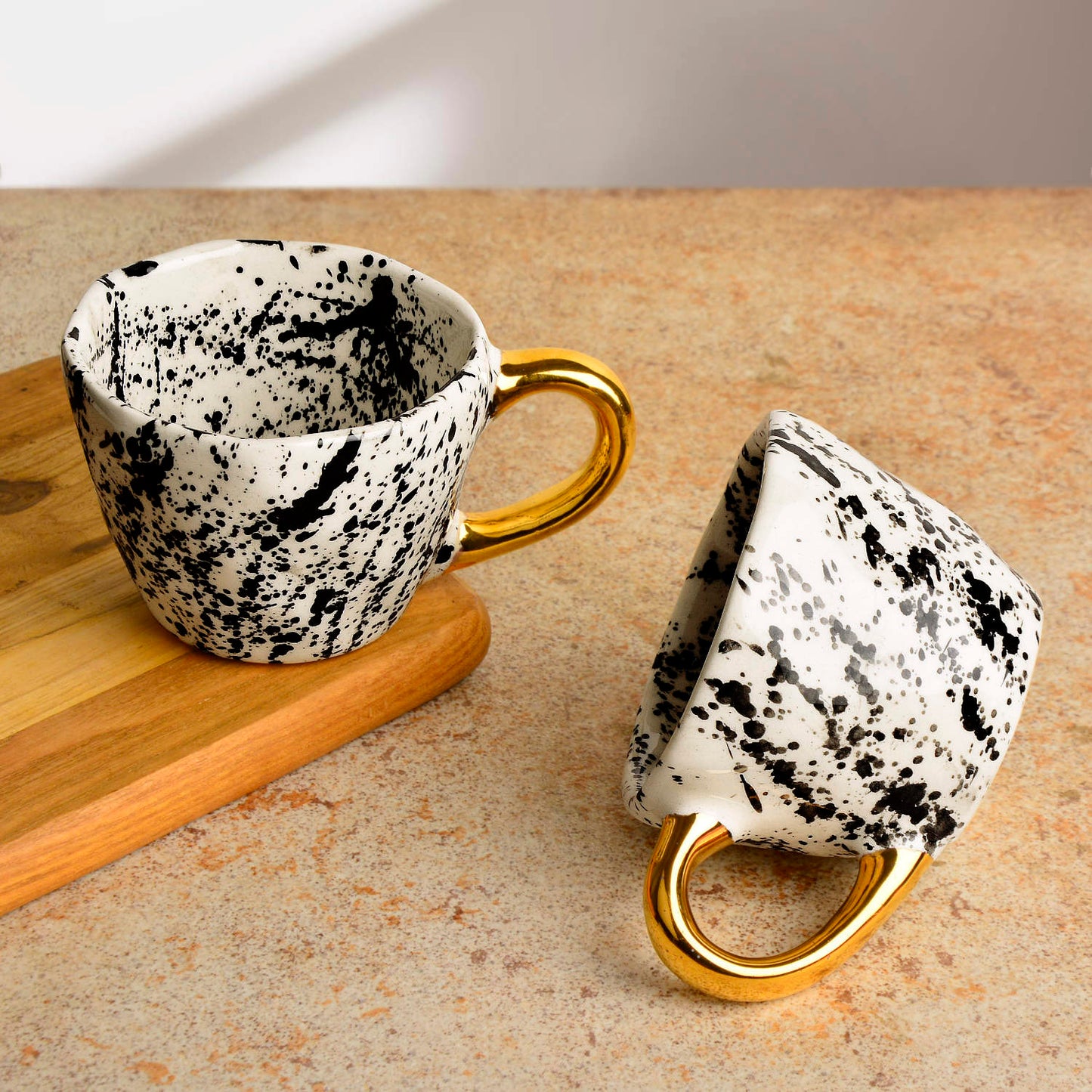 Premium Handmade Dalmation Ceramic Coffee Mugs with Golden Handle (200 ml, White & Black, Set of 2) - View 7