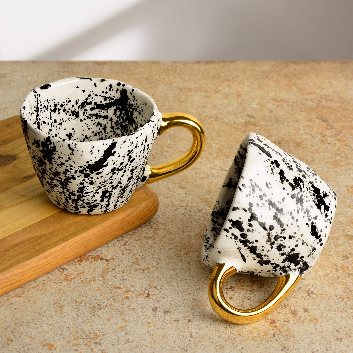 Premium Handmade Dalmation Ceramic Coffee Mugs with Golden Handle (200 ml, White & Black, Set of 2) - View 7