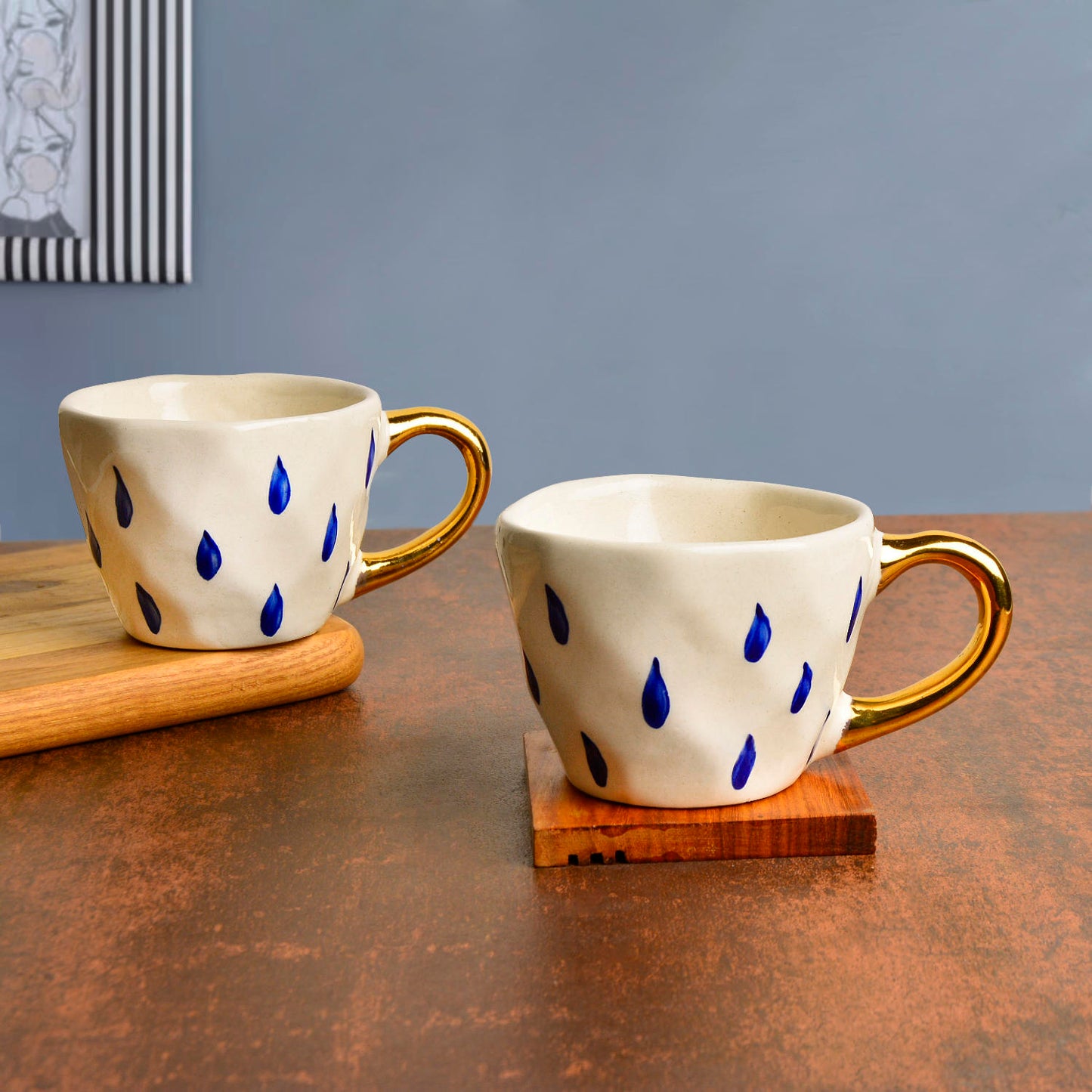 Premium Handmade Blue Rain Drops Ceramic Coffee Mugs with Golden Handle (200 ml, White & Blue, Set of 2)
