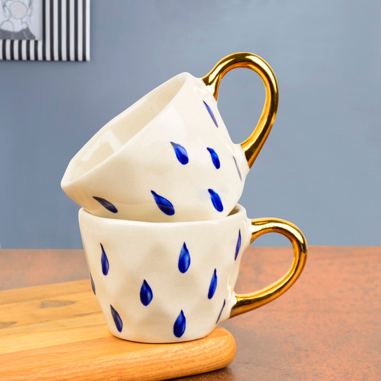 Premium Handmade Blue Rain Drops Ceramic Coffee Mugs with Golden Handle (200 ml, White & Blue, Set of 2) - View 3