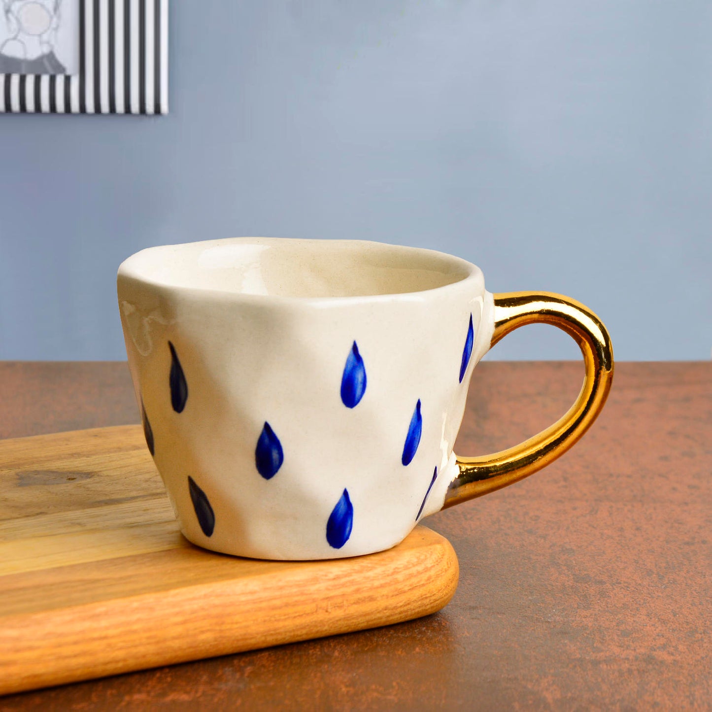 Premium Handmade Blue Rain Drops Ceramic Coffee Mugs with Golden Handle (200 ml, White & Blue, Set of 2) - View 4