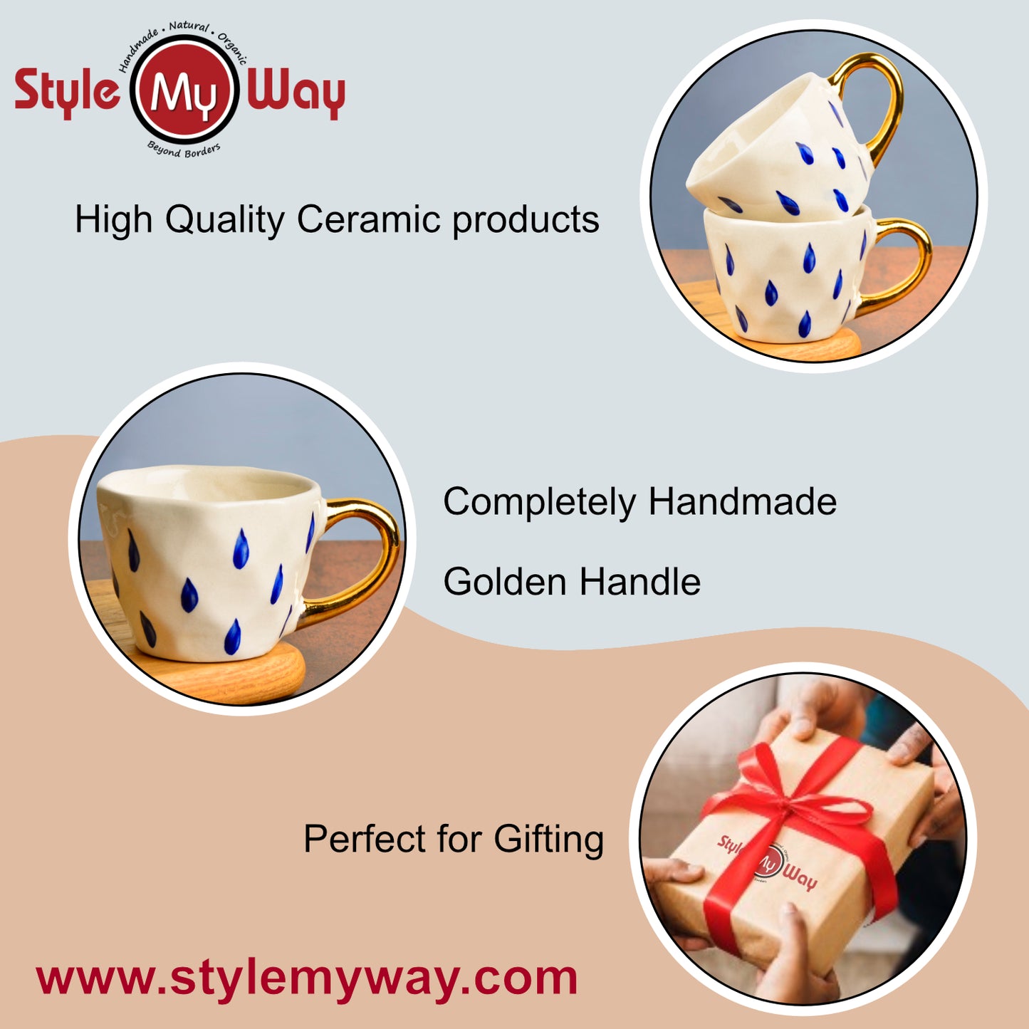 Premium Handmade Blue Rain Drops Ceramic Coffee Mugs with Golden Handle (200 ml, White & Blue, Set of 2) - View 5