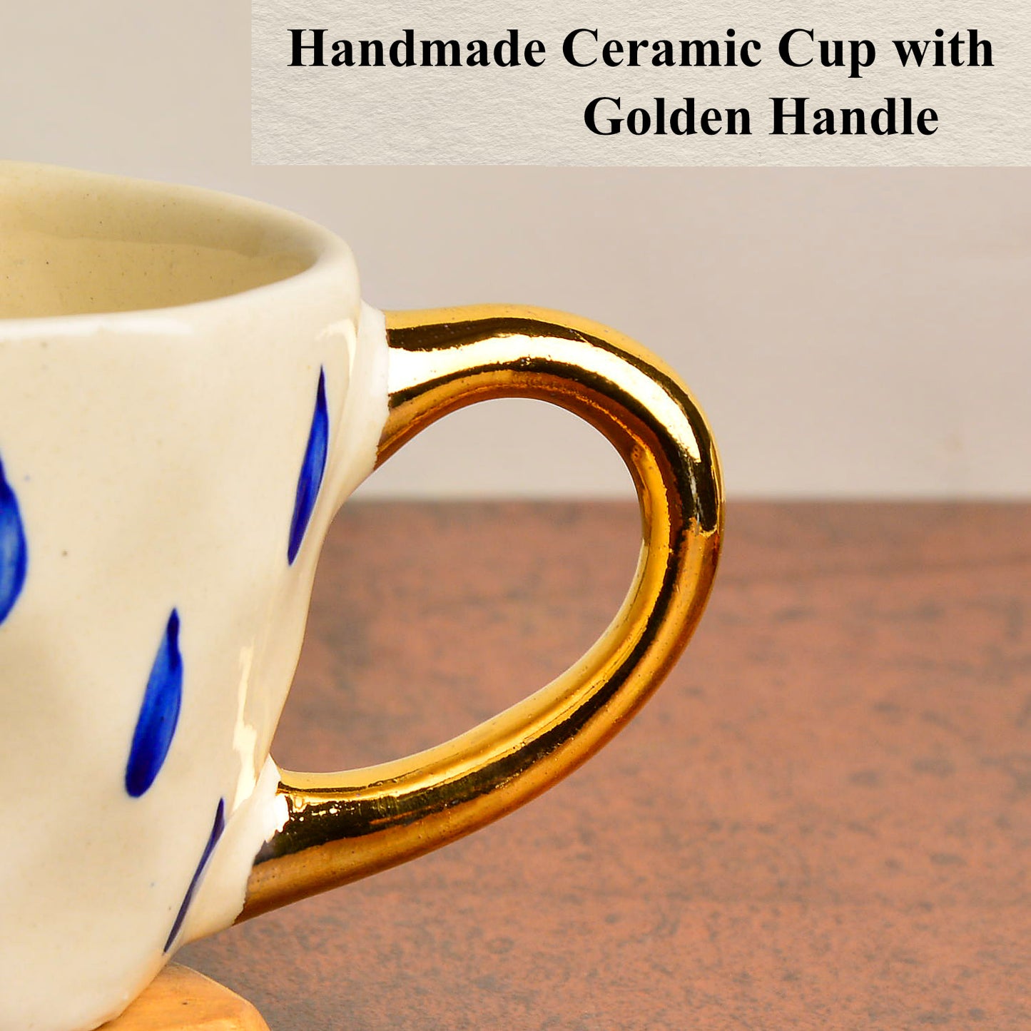 Premium Handmade Blue Rain Drops Ceramic Coffee Mugs with Golden Handle (200 ml, White & Blue, Set of 2) - View 6