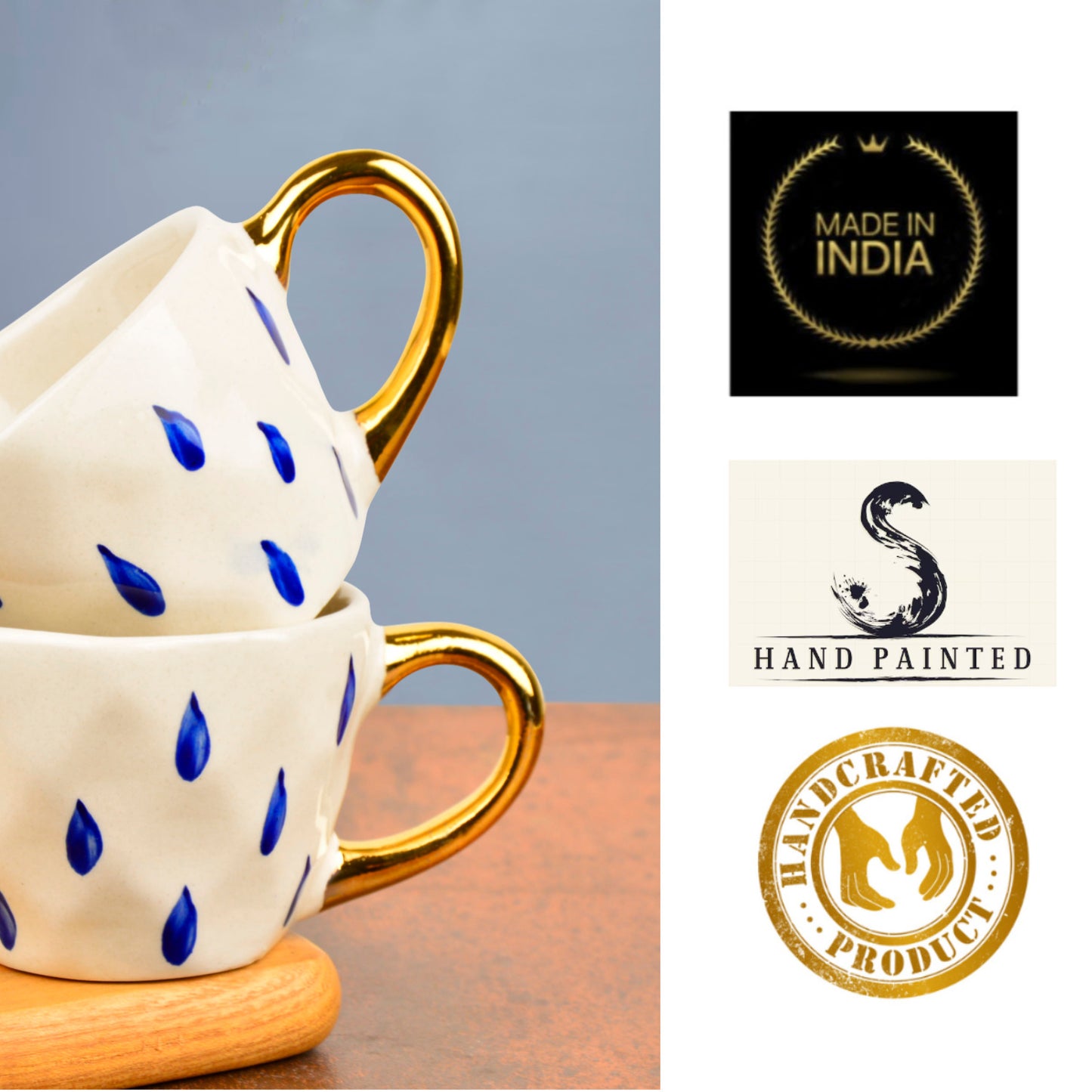 Premium Handmade Blue Rain Drops Ceramic Coffee Mugs with Golden Handle (200 ml, White & Blue, Set of 2) - View 7