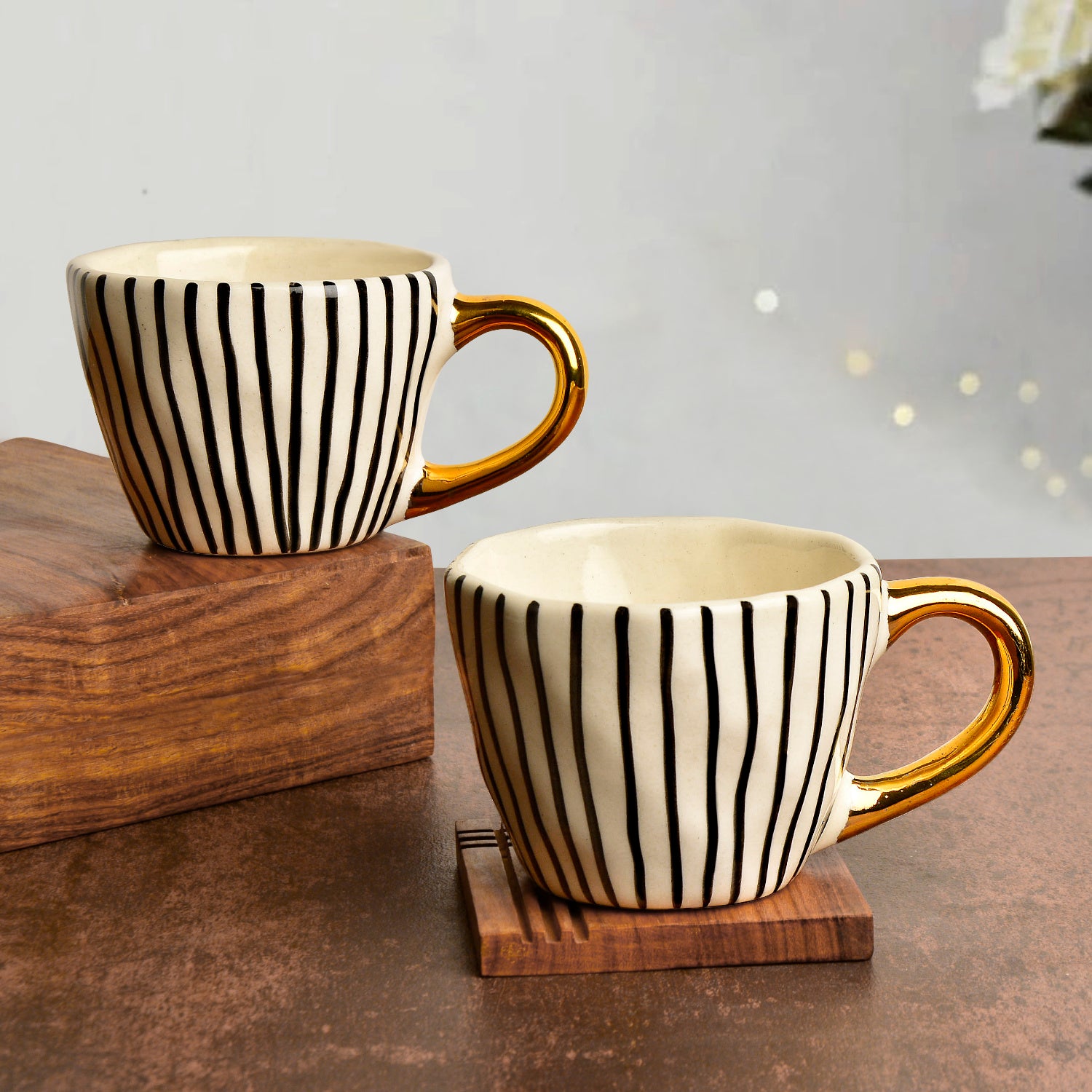 Premium Handmade Vertical Stripes Ceramic Coffee Mugs with Golden Handle (200 ml, Black & White, Set of 2)