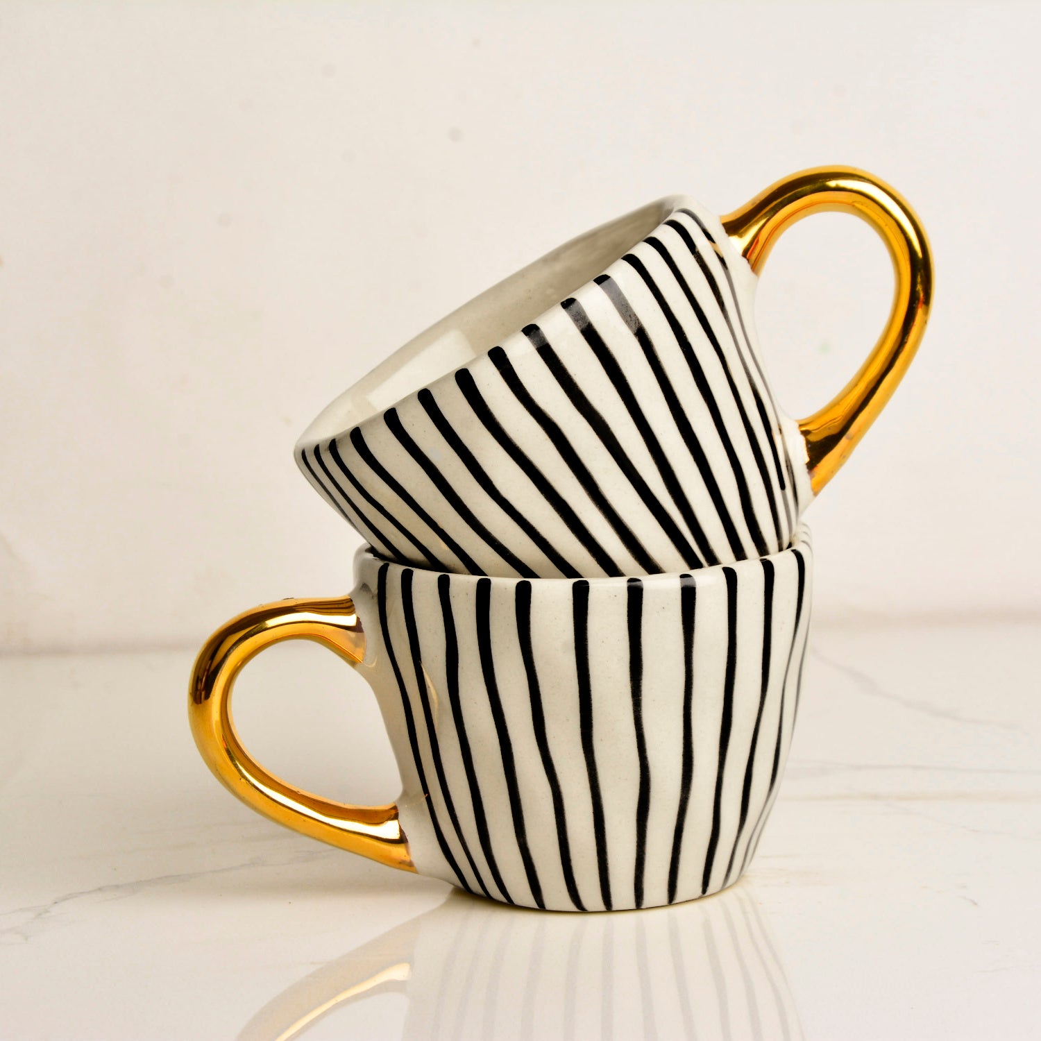 Premium Handmade Vertical Stripes Ceramic Coffee Mugs with Golden Handle (200 ml, Black & White, Set of 2) - View 3