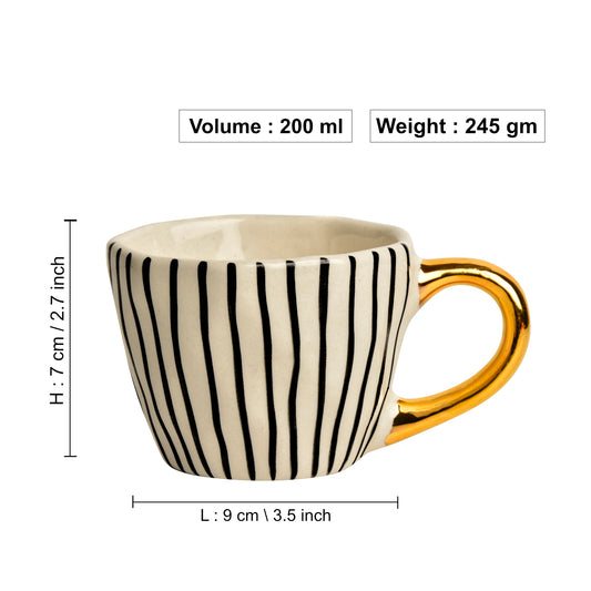 Premium Handmade Vertical Stripes Ceramic Coffee Mugs with Golden Handle (200 ml, Black & White, Set of 2) - View 2