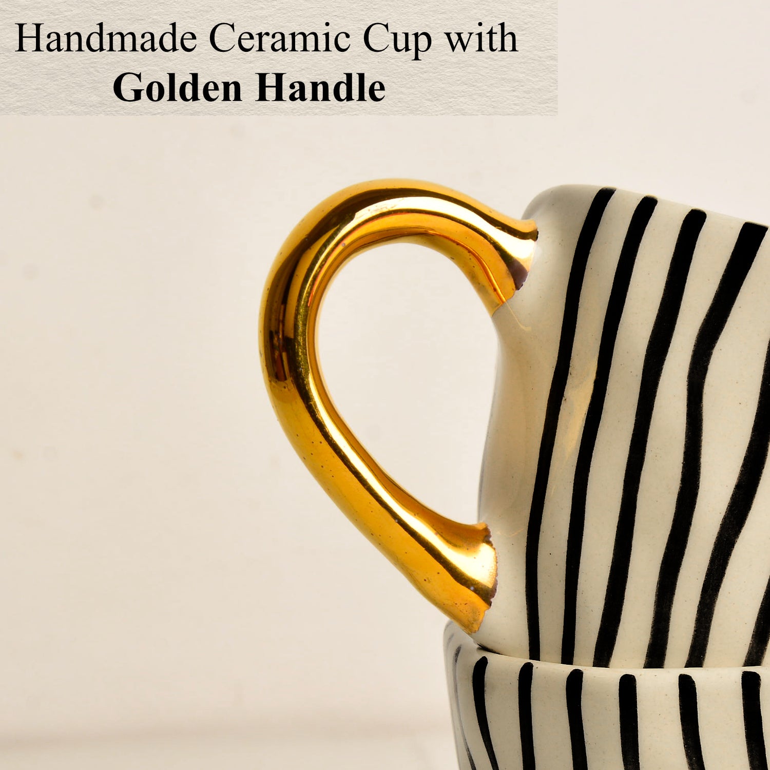 Premium Handmade Vertical Stripes Ceramic Coffee Mugs with Golden Handle (200 ml, Black & White, Set of 2) - View 5