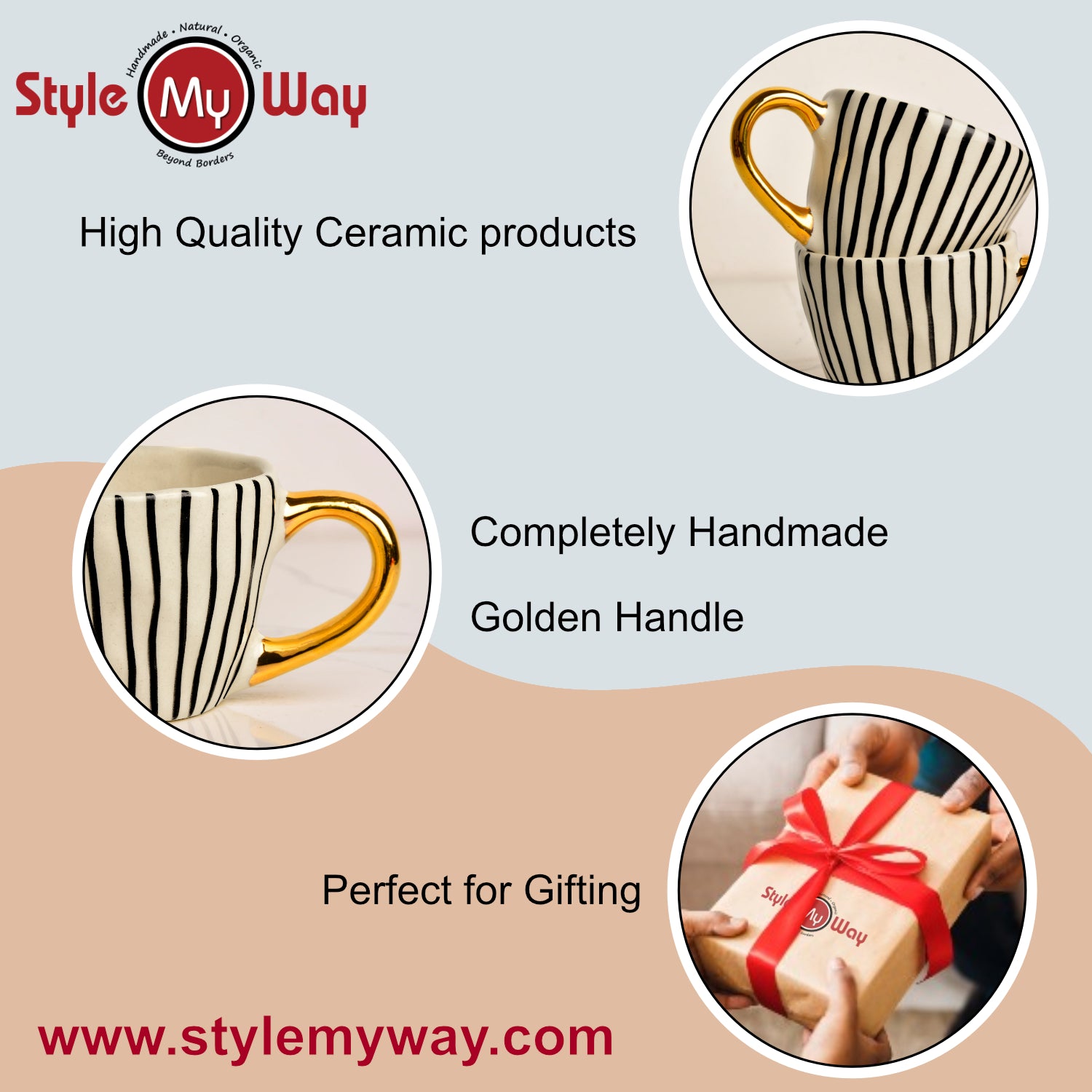 Premium Handmade Vertical Stripes Ceramic Coffee Mugs with Golden Handle (200 ml, Black & White, Set of 2) - View 4