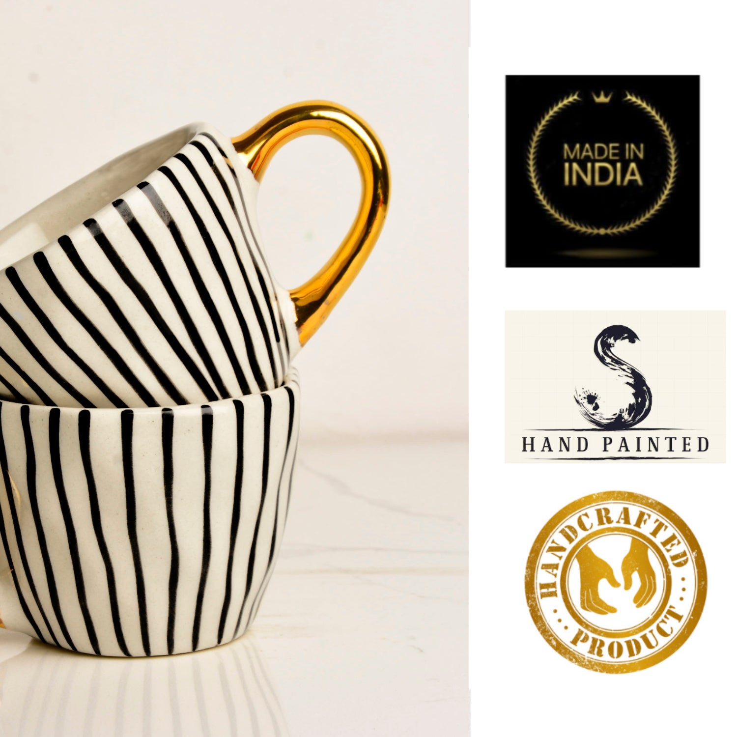 Premium Handmade Vertical Stripes Ceramic Coffee Mugs with Golden Handle (200 ml, Black & White, Set of 2) - View 6