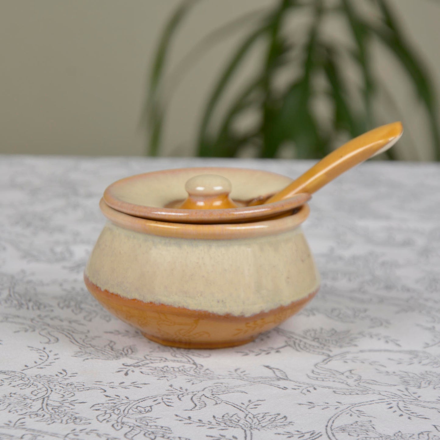 Dual Tone Ceramic Pickle Serving Handi Set with Spoon and Tray (Set of 3, White and Yellow) - View 2