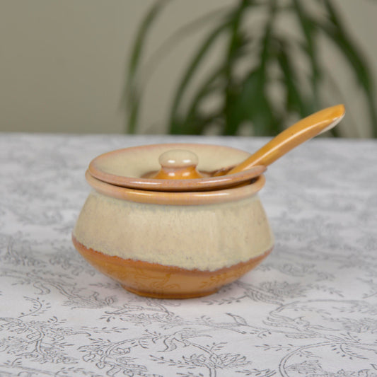 Dual Tone Ceramic Pickle Serving Handi Set with Spoon and Tray (Set of 3, White and Yellow) - View 2