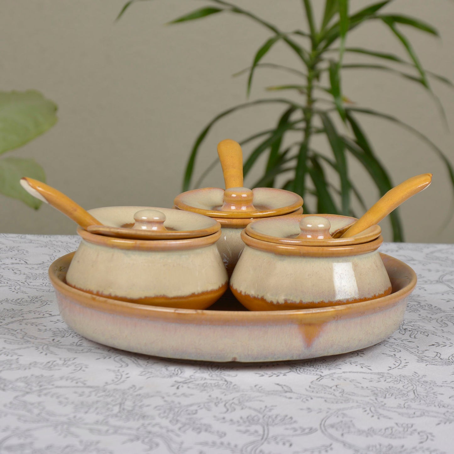 Dual Tone Ceramic Pickle Serving Handi Set with Spoon and Tray (Set of 3, White and Yellow) - View 3