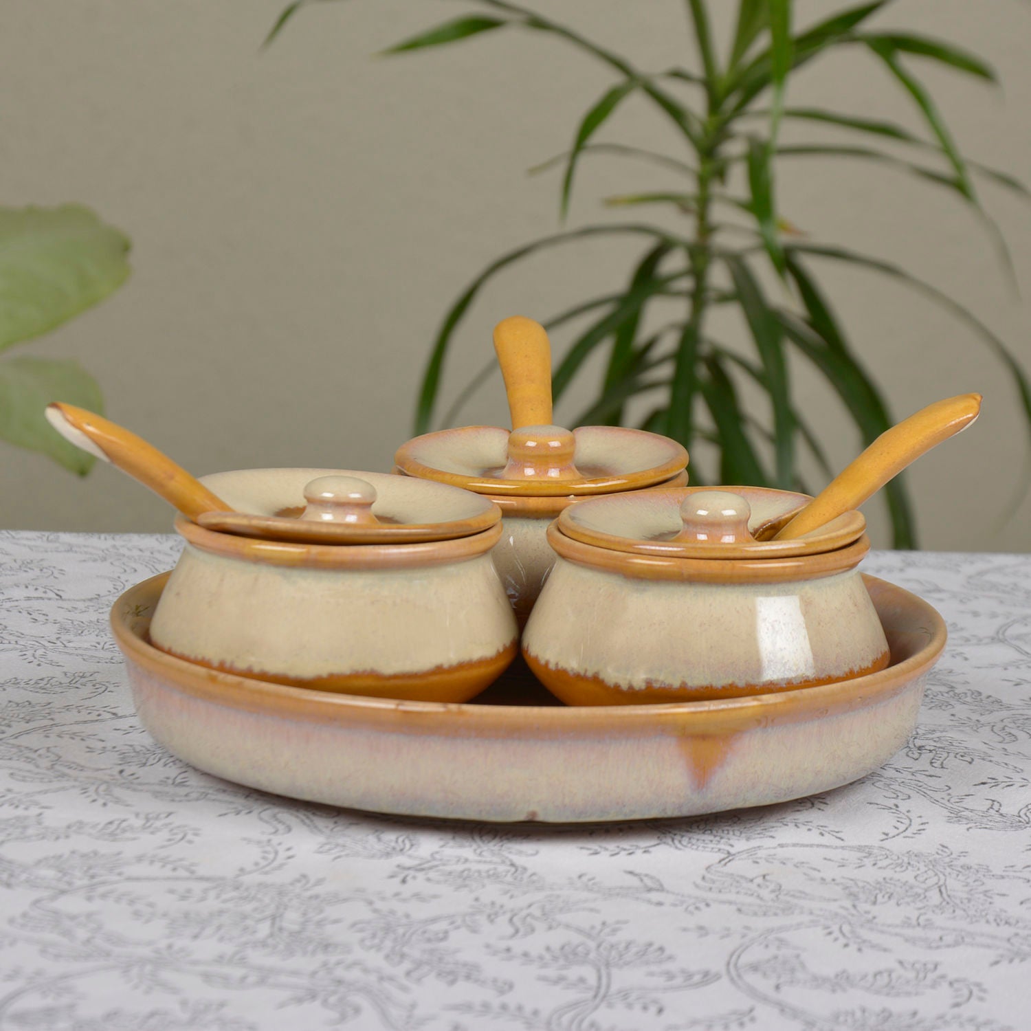 Dual Tone Ceramic Pickle Serving Handi Set with Spoon and Tray (Set of 3, White and Yellow) - View 3