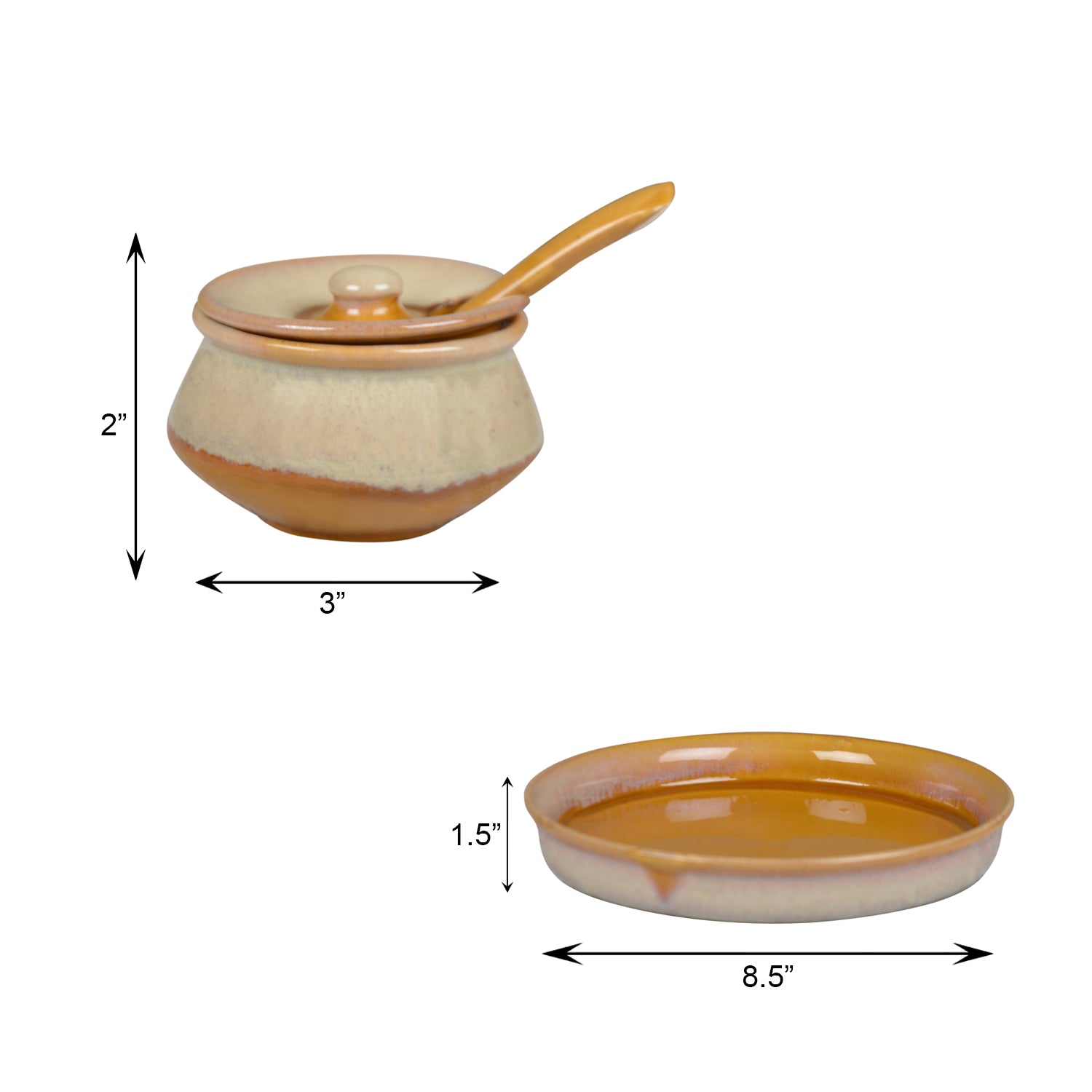 Dual Tone Ceramic Pickle Serving Handi Set with Spoon and Tray (Set of 3, White and Yellow) - View 5