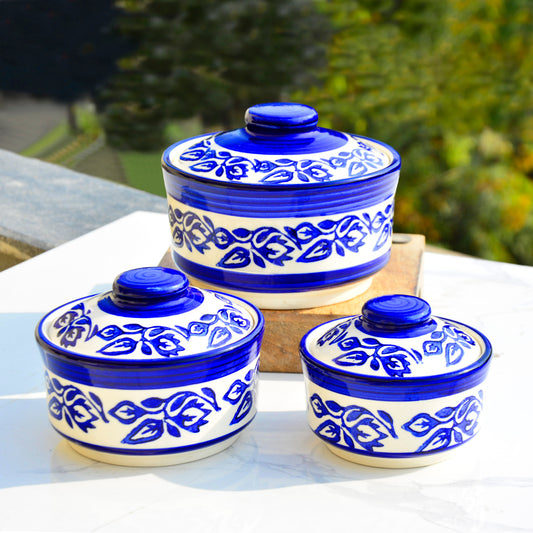 Studio Pottery Handpainted Ceramic Serving Donga with Lid Casserole Set (Set of 3, White and Blue)