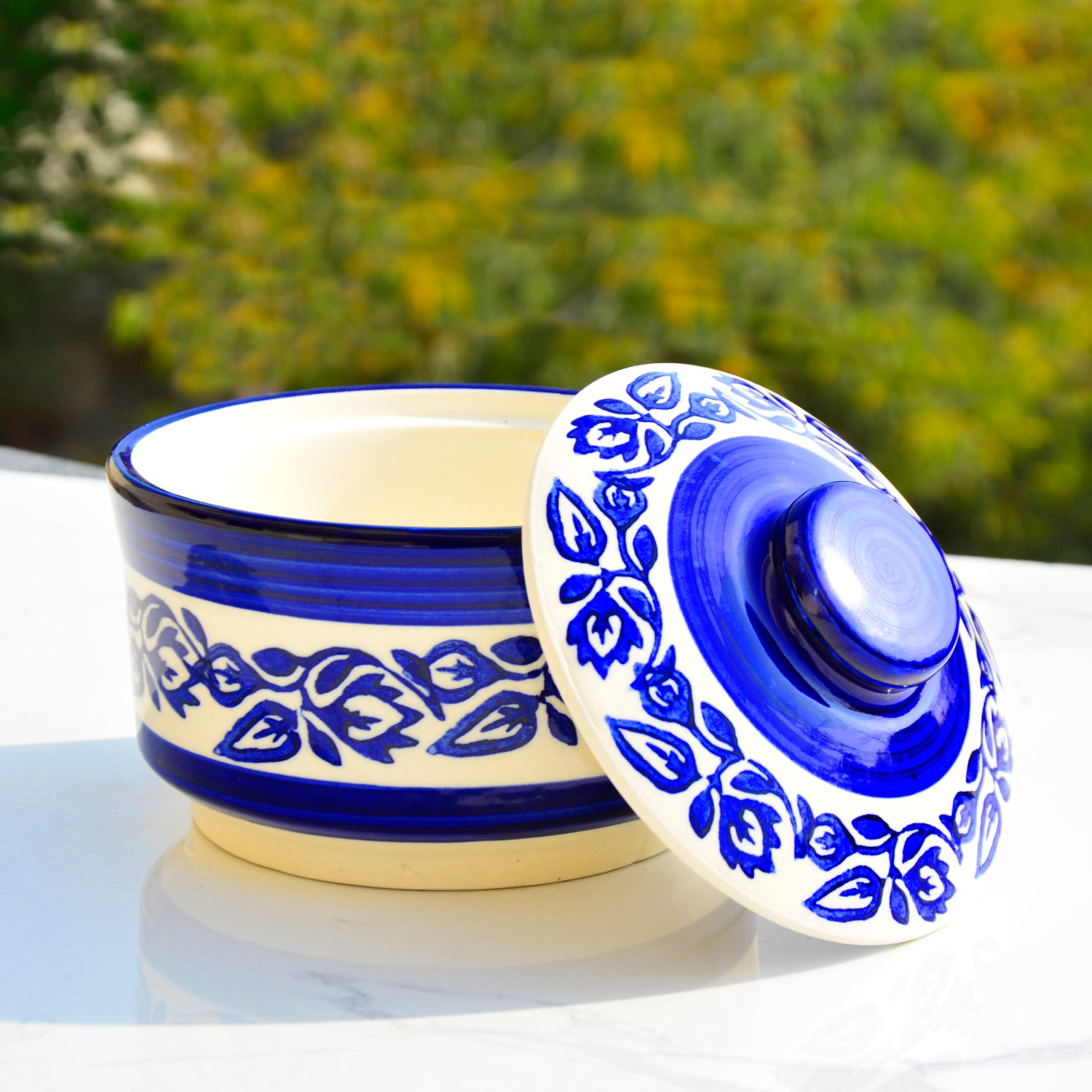 Studio Pottery Handpainted Ceramic Serving Donga with Lid Casserole Set (Set of 3, White and Blue) - View 3