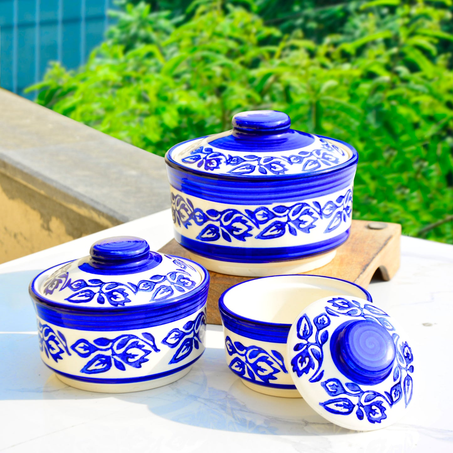 Studio Pottery Handpainted Ceramic Serving Donga with Lid Casserole Set (Set of 3, White and Blue) - View 4