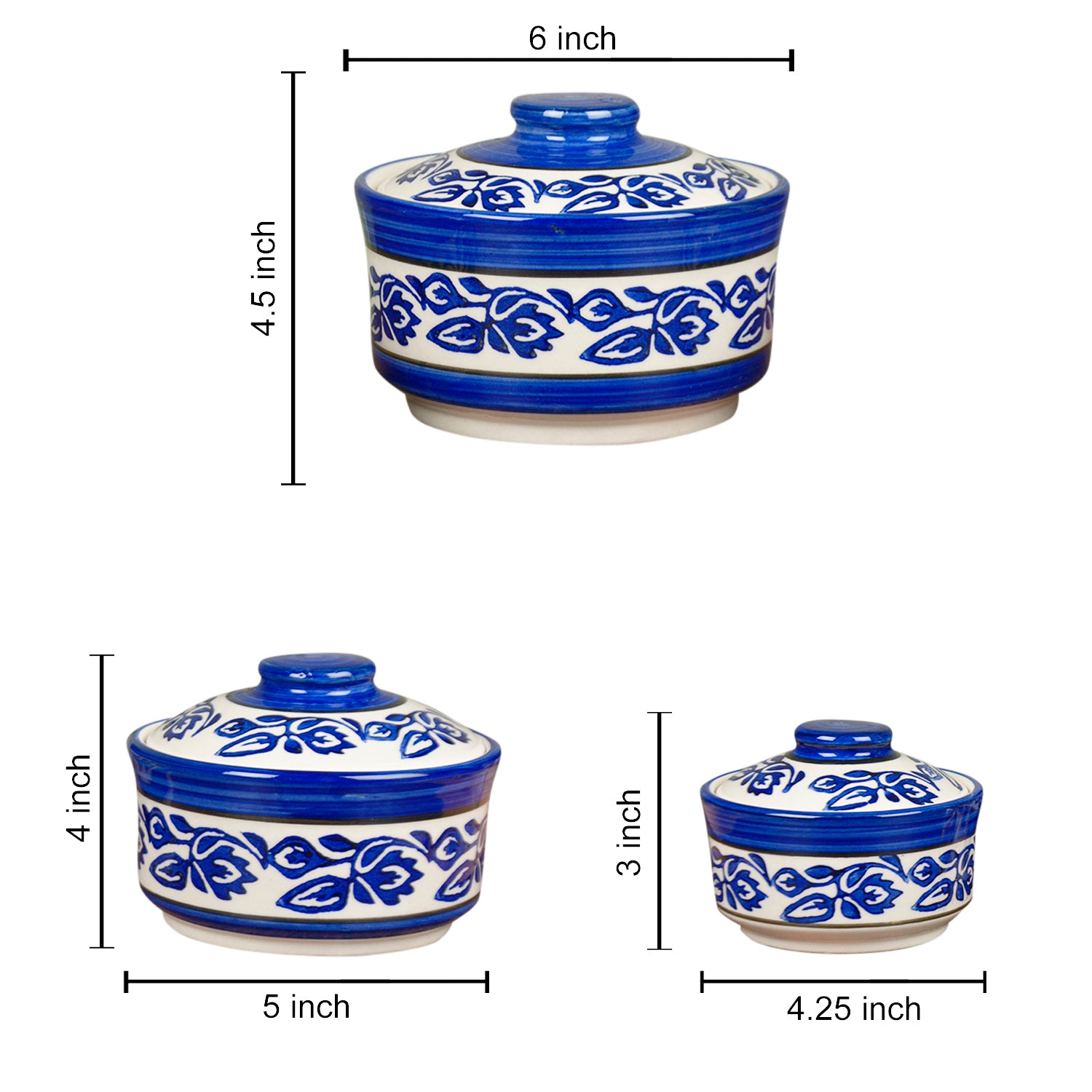 Studio Pottery Handpainted Ceramic Serving Donga with Lid Casserole Set (Set of 3, White and Blue) - View 2
