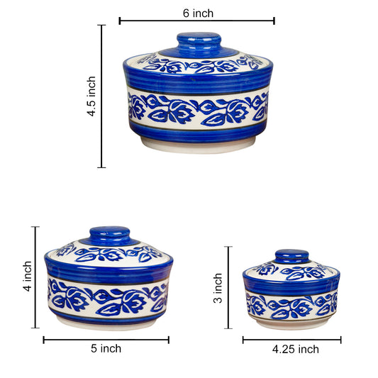 Studio Pottery Handpainted Ceramic Serving Donga with Lid Casserole Set (Set of 3, White and Blue) - View 2