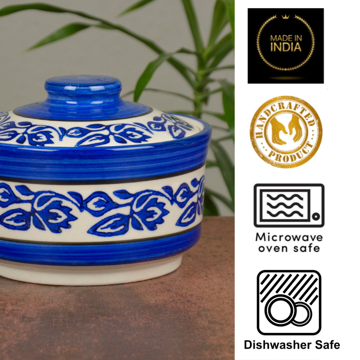 Studio Pottery Handpainted Ceramic Serving Donga with Lid Casserole Set (Set of 3, White and Blue) - View 5