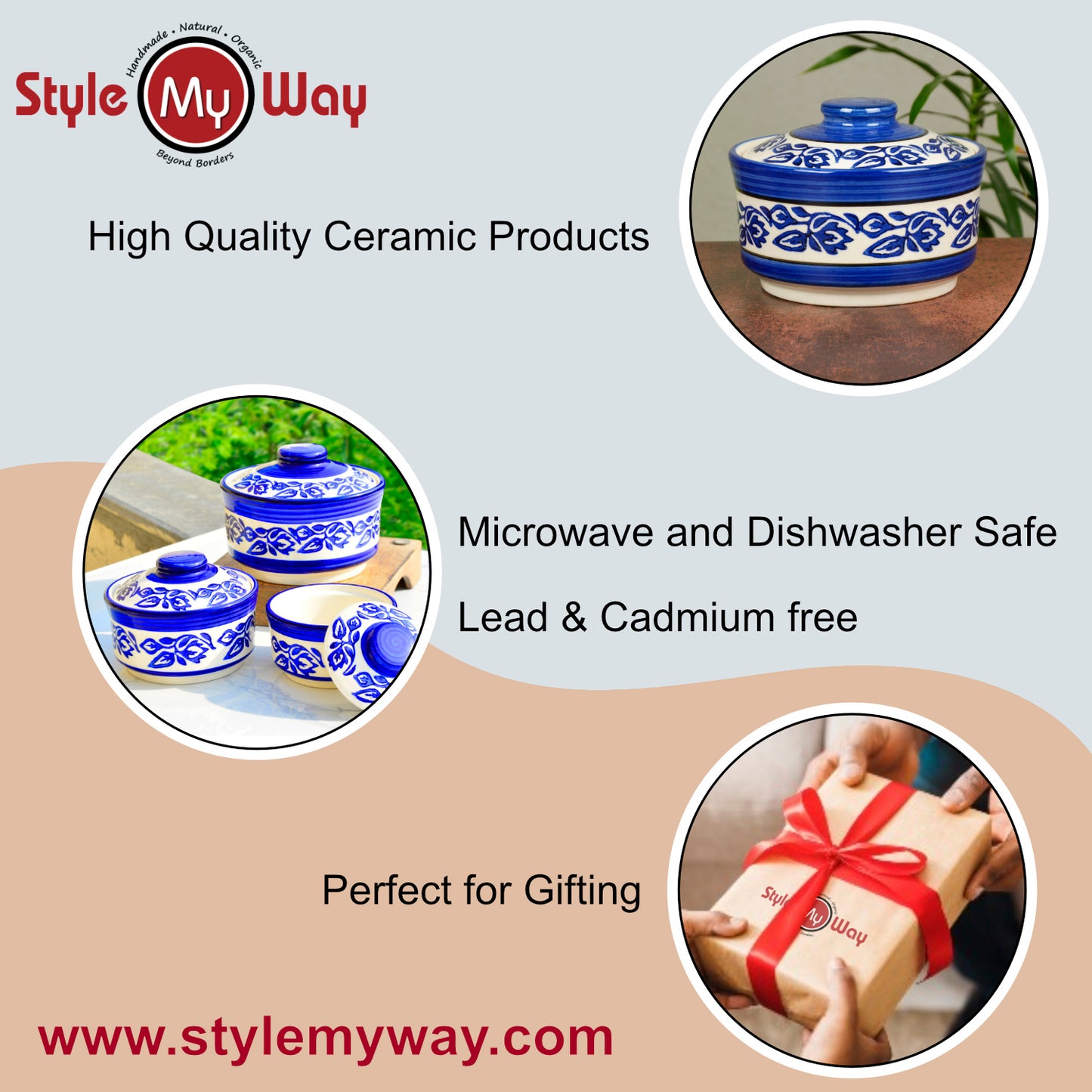 Studio Pottery Handpainted Ceramic Serving Donga with Lid Casserole Set (Set of 3, White and Blue) - View 6